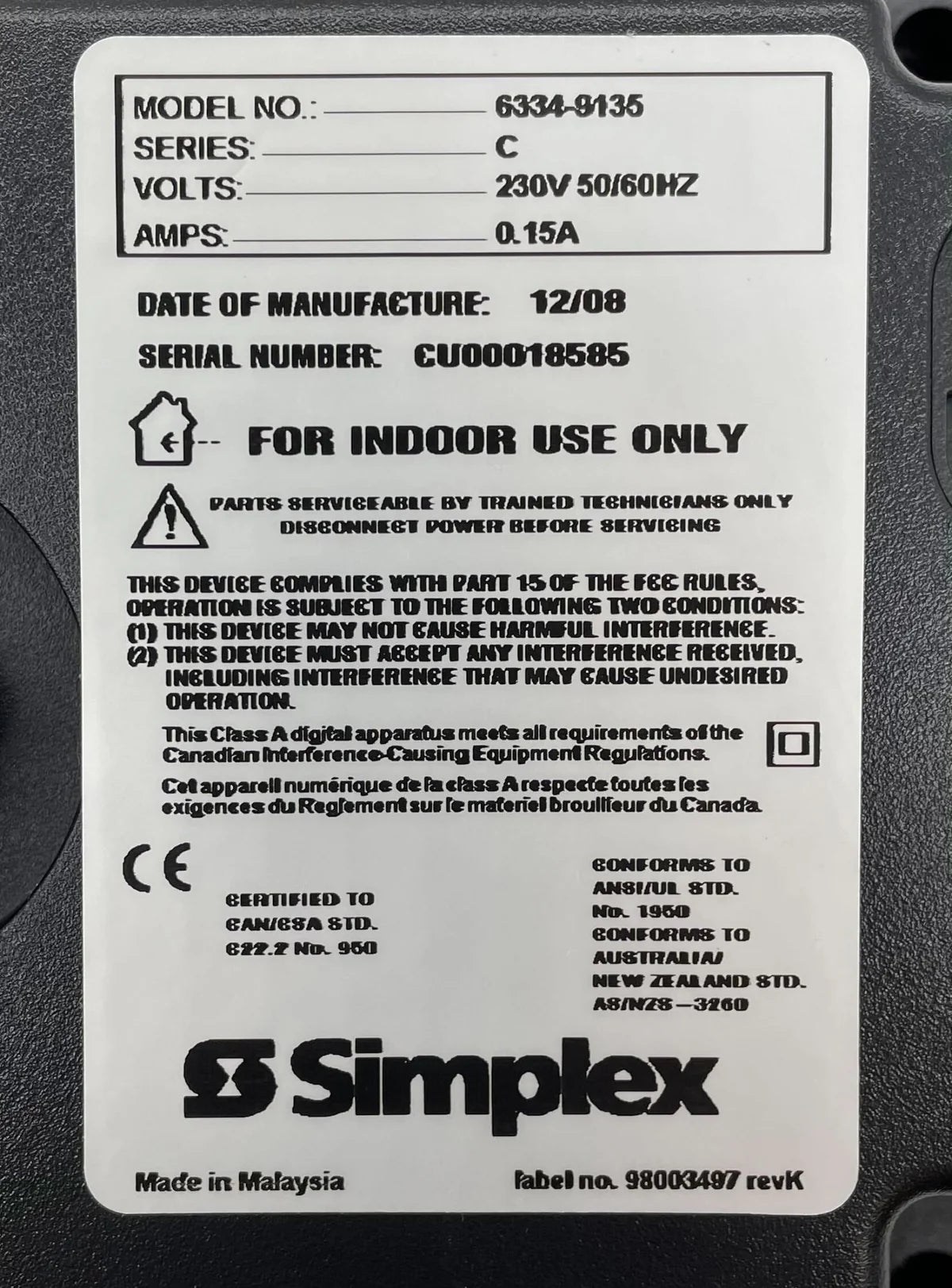 Simplex 6334-9135 Red LED 230 VAC