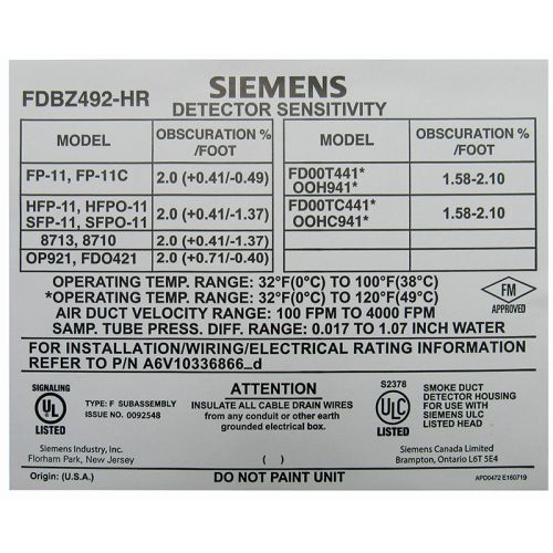 Siemens FDBZ492-HR Duct Detector Housing /w Relay