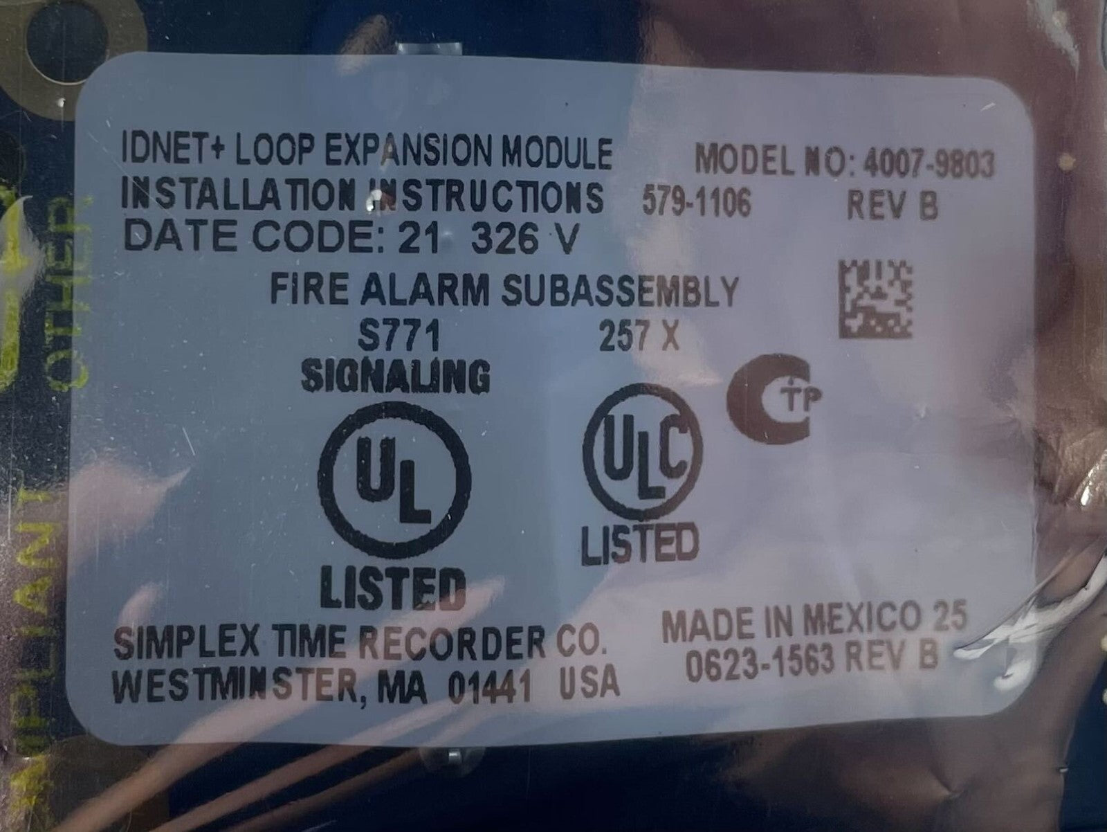 Simplex 4007-9803 Idnet 2 Loop Expansion Module