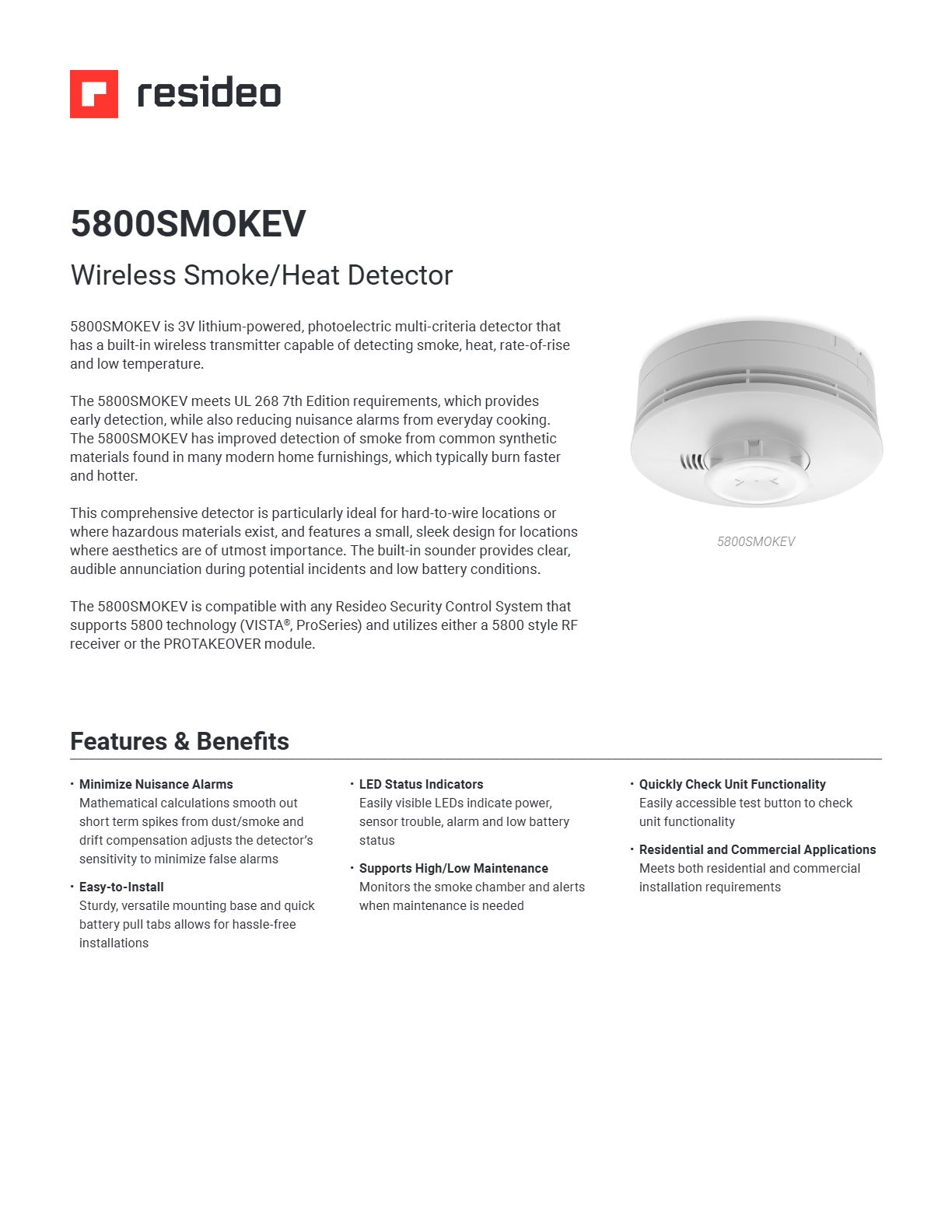 Honeywell 5800SMOKEV, Wireless Smoke Heat Detector，Batte