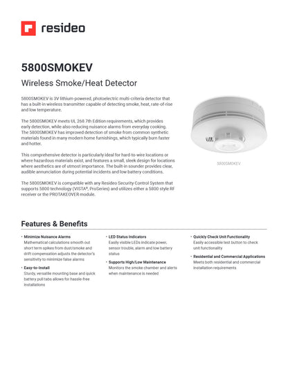 Honeywell 5800SMOKEV, Wireless Smoke Heat Detector，Batte