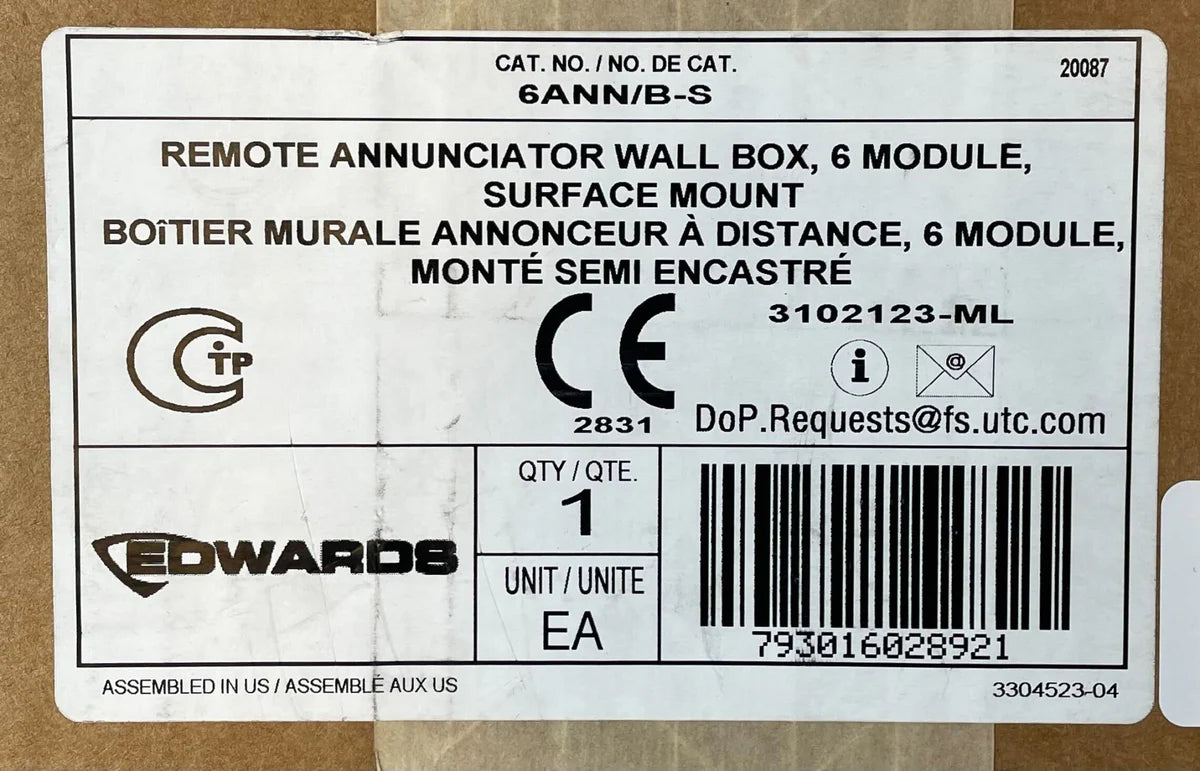 Edwards 6ANN/B-S Surface Annunciator Wall Box
