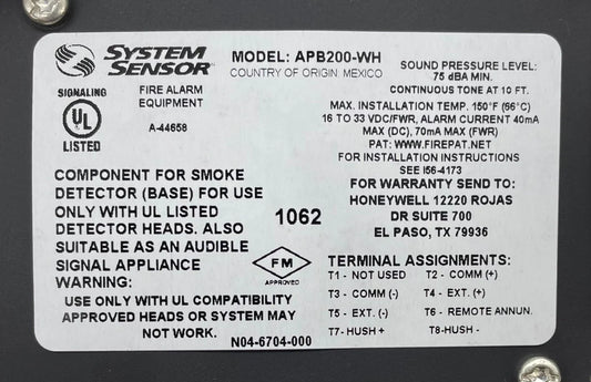 System Sensor APB200-WH Intelligent Sounder Base White