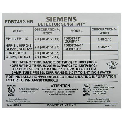 Siemens FDBZ492-HR Duct Detector Housing /w Relay
