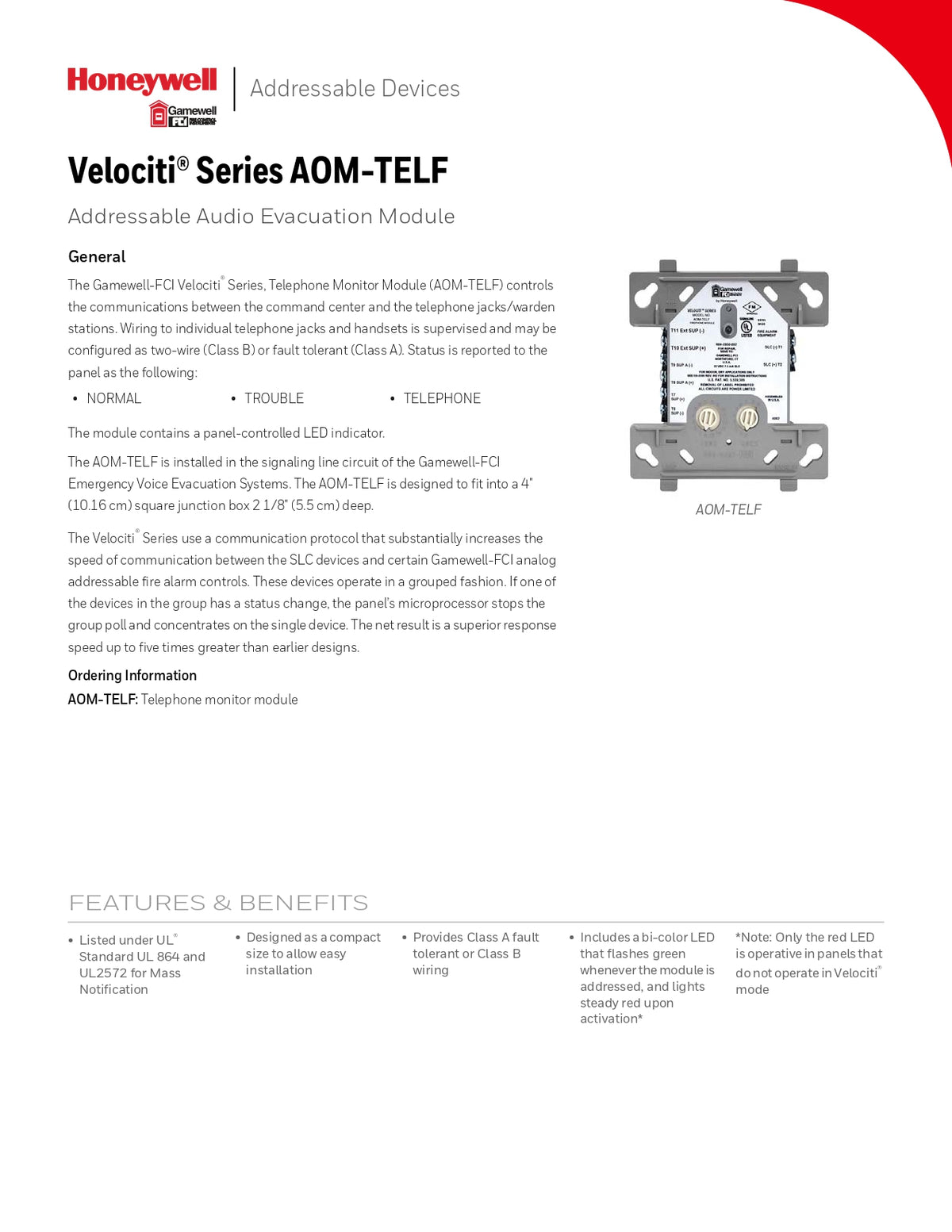 Gamewell FCI AOM-TELF Telephone Monitor Module