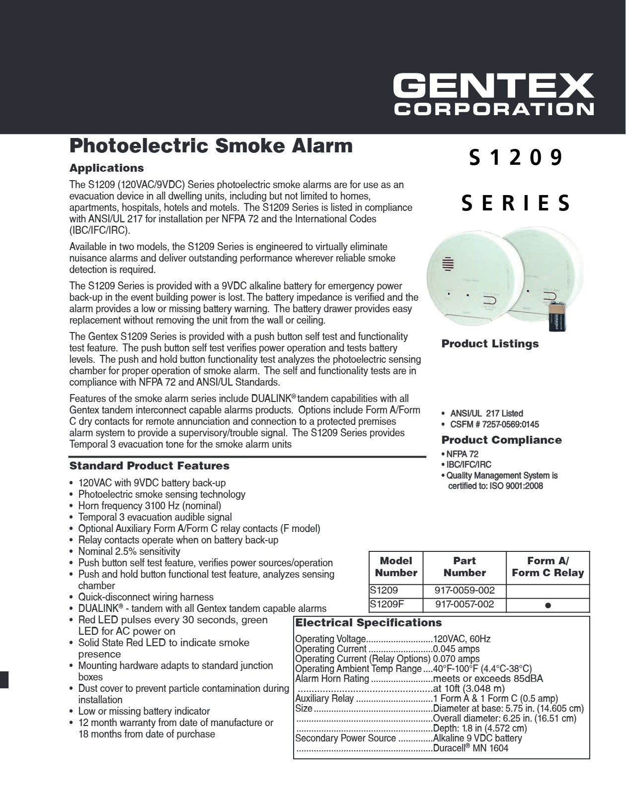 Gentex S1209 Photoelectric Smoke Alarm w/ Battery Backup