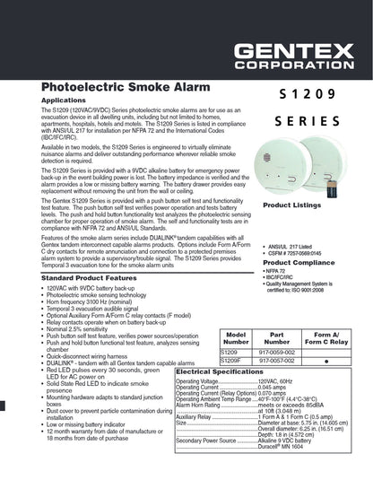 Gentex S1209 Photoelectric Smoke Alarm w/ Battery Backup