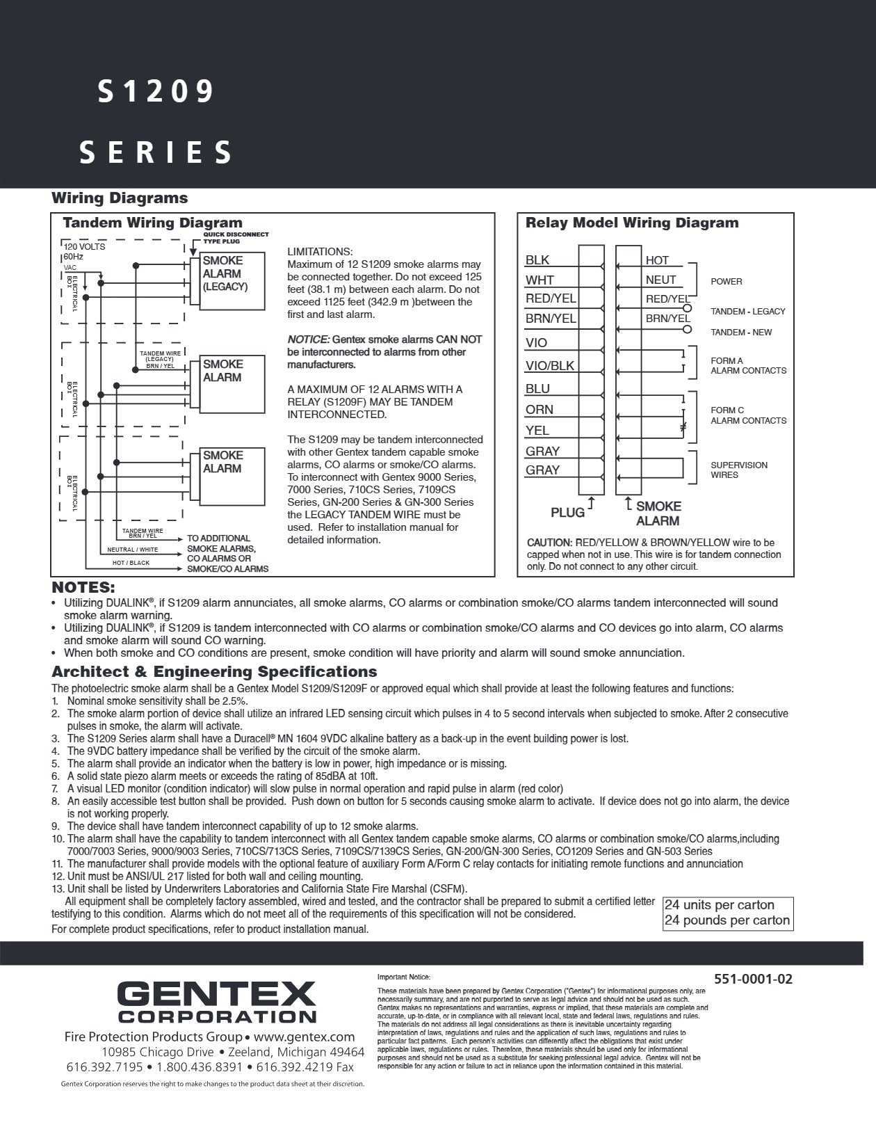 Gentex S1209 Photoelectric Smoke Alarm w/ Battery Backup