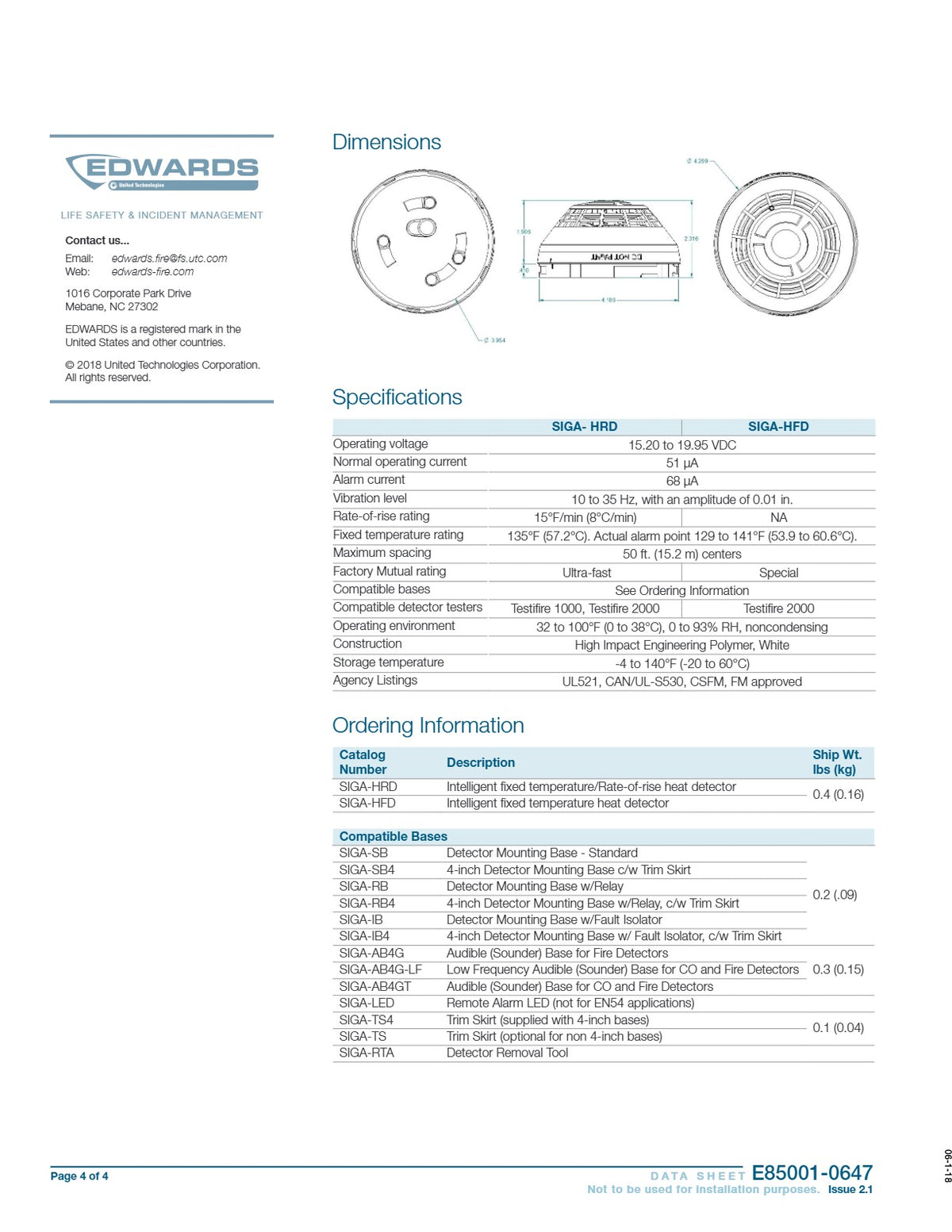 Edwards EST SIGA-HRD RoR Heat Detector