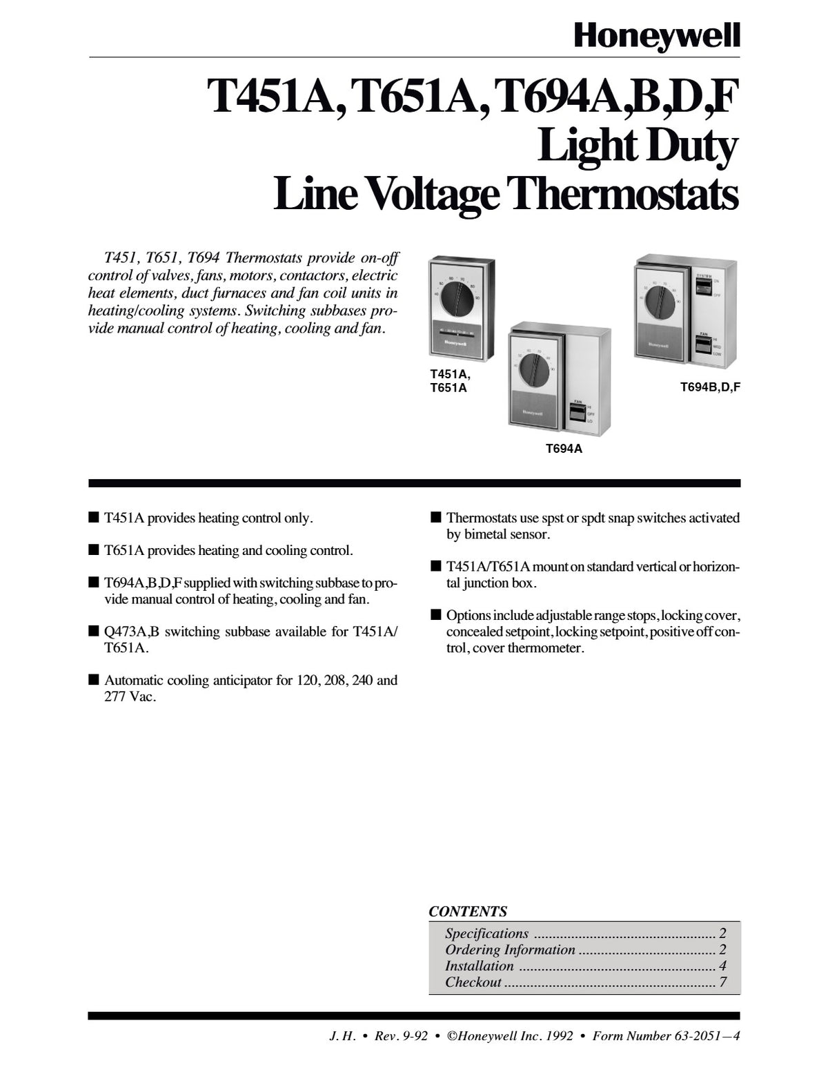 Honeywell T651A3018 Medium Duty Line Voltage Thermostat