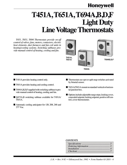 Honeywell T651A3018 Medium Duty Line Voltage Thermostat