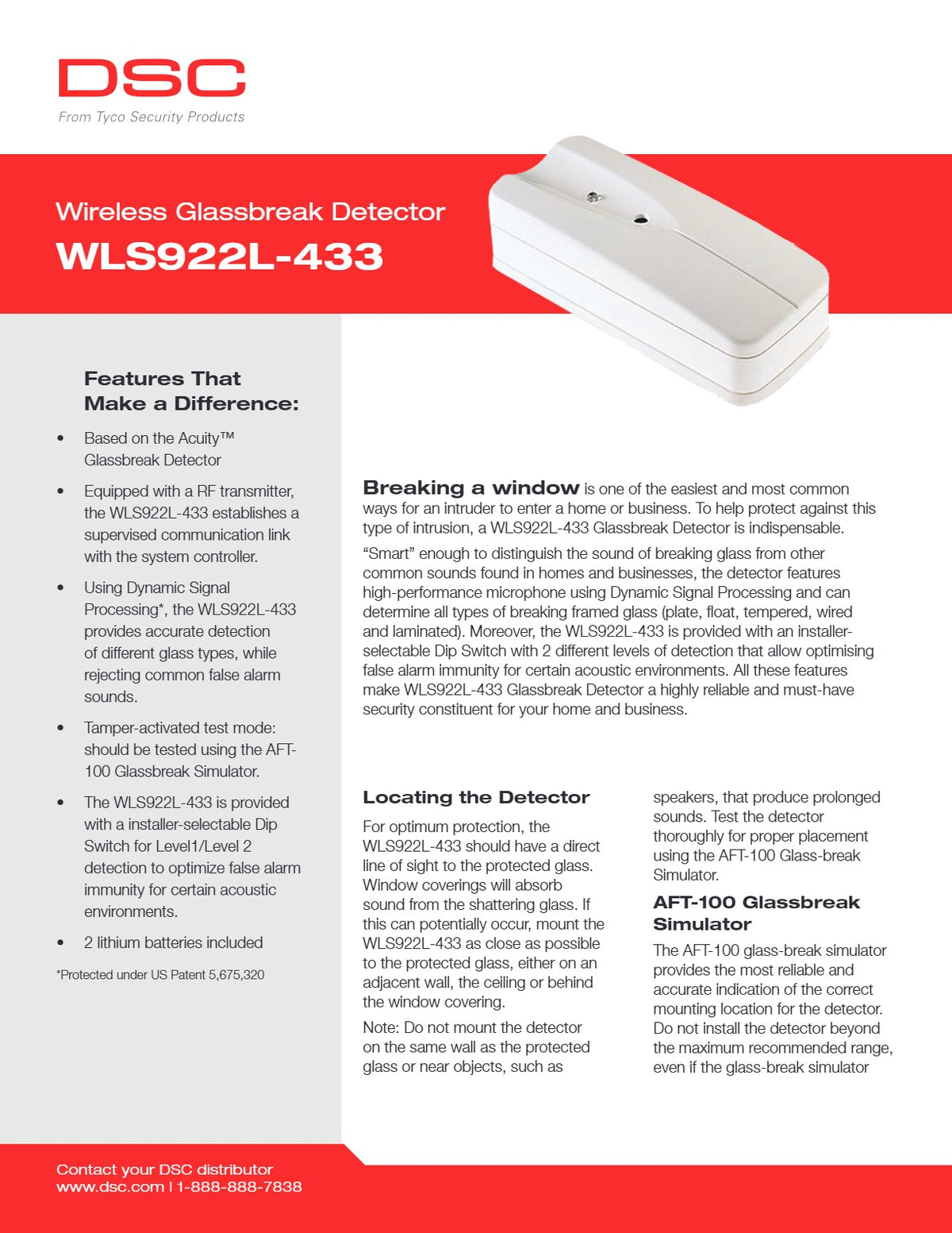 DSC WLS922L-433 Wireless Glassbreak Detector