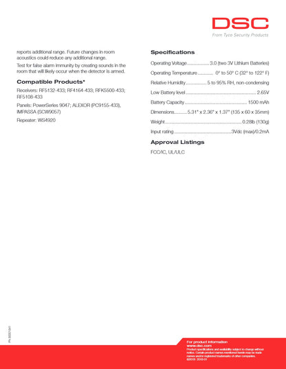 DSC WLS922L-433 Wireless Glassbreak Detector