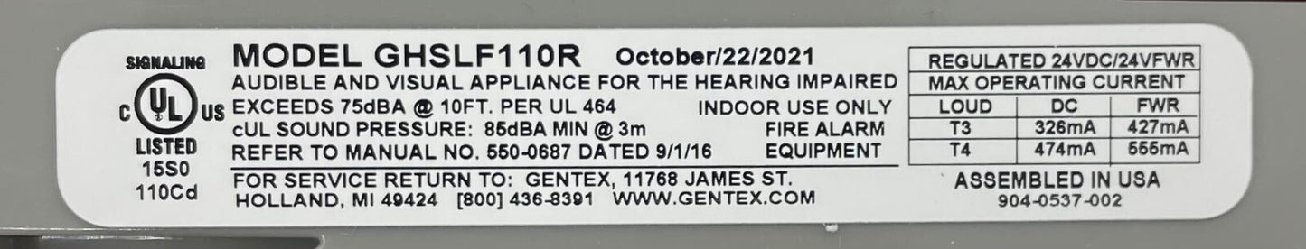 Gentex GHSLF110R - Same Day Shipping (SEALED)