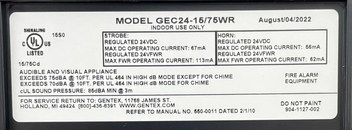 Gentex GEC24-1575WR (904-1127-002) Horn/Strobe - Same Day Shipping (SEALED)