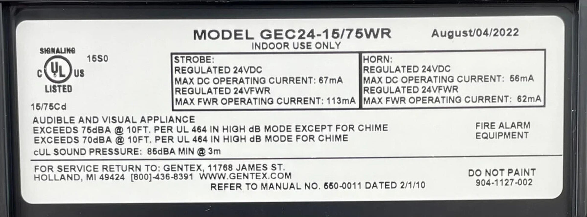 Gentex GEC24-1575WR (904-1127-002) Horn/Strobe - Same Day Shipping (SEALED)